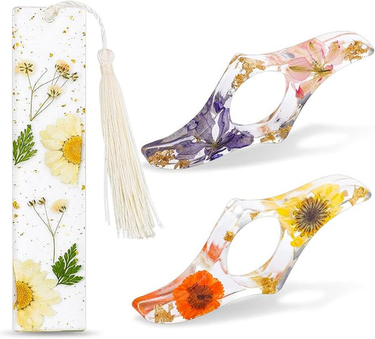 Book Lover Gifts, 2 Pcs Thumb Book Page Holder Dried Flower Resin Book Page Holder and 1 Pcs Bookmark with Tassel, Gifts for Book Lovers, Women, Kids