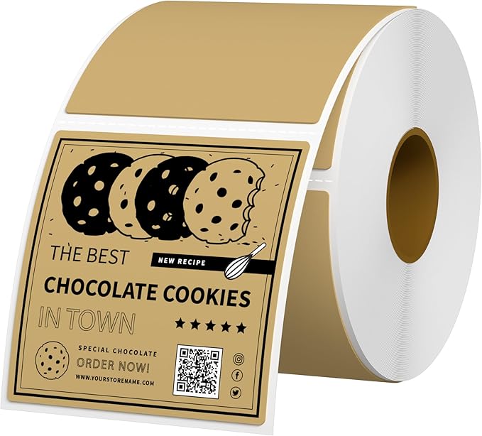 2x2 Thermal Labels Square Direct Thermal Sticker Labels with Perforated Line, 500 Sheets/1 Roll, Strong Adhesive, Brown, for QR Code, Bakery, Product Logo, Business