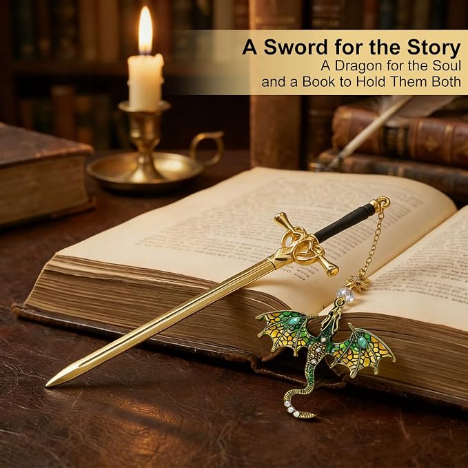Vintage Metal Dragon Sword Bookmark, Fourth Wing Inspired Fantasy Book Markers, Cool Unique Bookmarks for Adults & Book Lovers, Personalized Dragon Gifts for Men(Yellow)