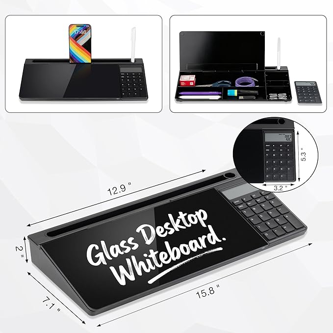 Glass Desktop Whiteboard with Calculator & Storage, Desk Dry Erase Note Memo Board, Compact Desk Organizer for Desk, Home, Study, Office, Back to School Supplies, Black, 2026