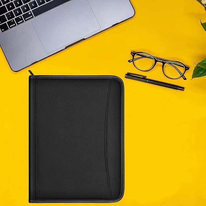 Zippered Portfolio Organizer/ A4 Refillable Lined Writing Notepad Folder Case/Fabric-Covered Padfolio Binder with Interior Storage Pocket for Men Women.Classic Black