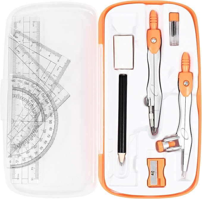 Vobou Math Geometry Kit Sets 10 Piece Student Supplies with Shatterproof Storage Box,Includes Rulers,Protractor,Compass,Eraser,Pencil Sharpener,Lead Refills,Pencil,for Drafting（Orange）