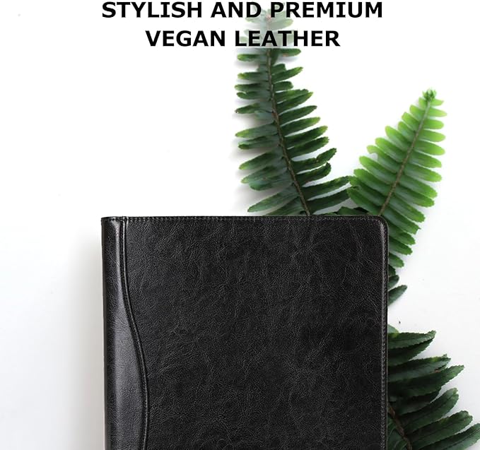 Vegan Leather 3 Ring Binder, 8.5 x 11 Letter Size Folio with Pen Holder, Soft Notebook Portfolio Cover, Slim Notepad Padfolio Thin File Organizer for Work Executive Meeting, Black