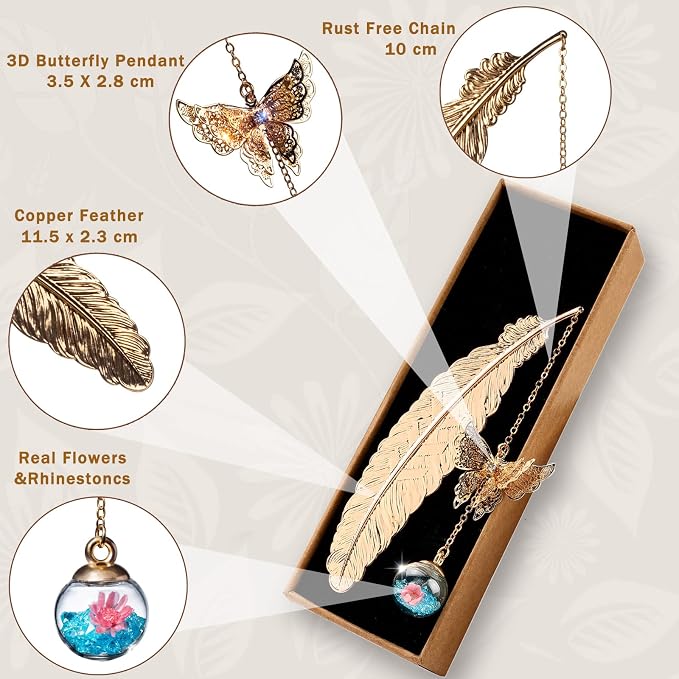 Teacher Appreciation Gifts for Women - Metal Feather Bookmark with 3D Butterfly Charm – Mother’s Day Gifts for Mom, Thank You Gifts, Book Lover Gift Under 10 Dollars, Gift Box Included