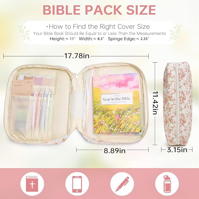 Bible Cover Case for Women Large Bible Cover with Durable Handle Quilted Bible Carrying Case for Girls Bible Study Supplies Accessories (Siamese Rose, Siamese Rose)