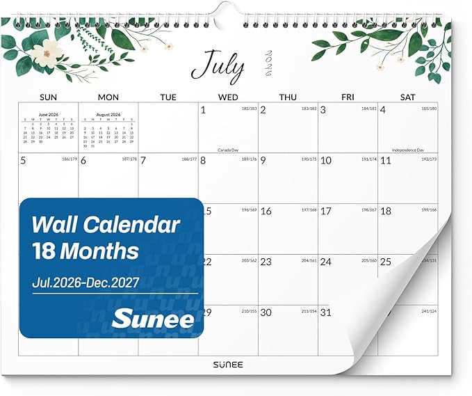 SUNEE Wall Calendar 2026-2027 18 Months Jul. 2026 - Dec. 2027, 14.5"x11.5" Big Grid Hanging Calendar with Note for Organizing & Planning, Monthly Calendar 2026-2027 with Last Month and Next Month, Greenery