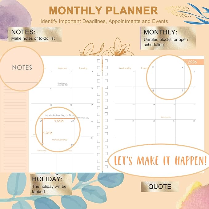 CAGIE 2026 Planner Weekly and Monthly — January - December 2026 Calendar, Hardcover Spiral Bound, 13 Monthly Dividers Tabs, Stickers, 8.3 x 9.3 Inch, Women Floral Planner Agenda For Work, Family Affiar, Personal
