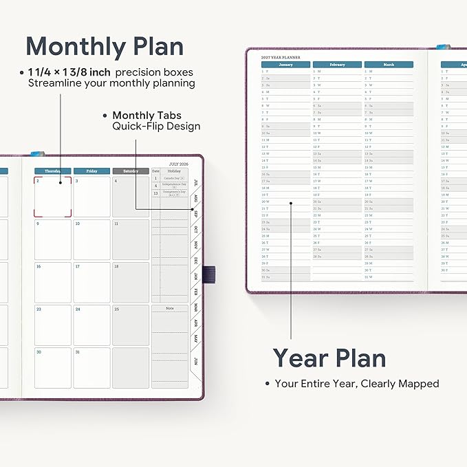 Weekly Planner 2026-2027 A5 (6.5" x 8.5") 12 Months (Jul'26 - Jun'27) Weekly & Monthly Planner with Month Tabs & Inner Pocket, Expenses/Note Pages, PU Leather Purple