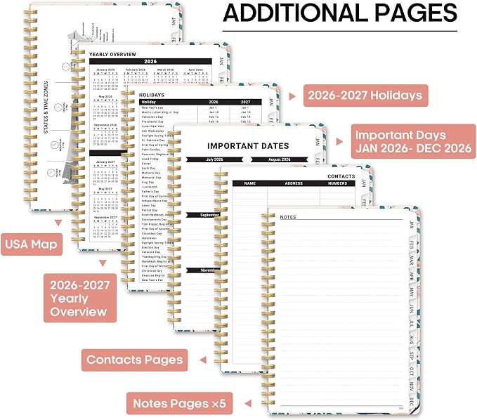 2026 Planner, Weekly and Monthly Calendar Planner Book, January 2026 - December 2026, Hardcover Spiral Planner with Monthly Tabs, Notes Pages, Perfect for Women & Men, A5 (6.4" x 8.5") - Peacock