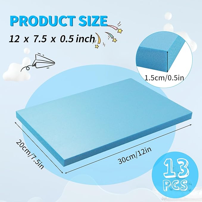LuckyFoam Blue 13 Pack 12x7.5x0.5 inch Foam Sheets 0.5 Inch Thick Polystyrene Rectangles XPS Foam Board Craft for Insulating DIY Modeling Art Supplies