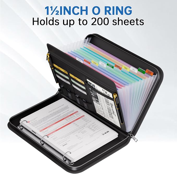 Tamfile Fireproof Accordion File Organizer with Handle, 13 Pocket Expanding File Folder with Zipper & Labels, File Folder with 3 Ring Binder, Multi Pockets Paper Organizer Folder for Letter A4 Files