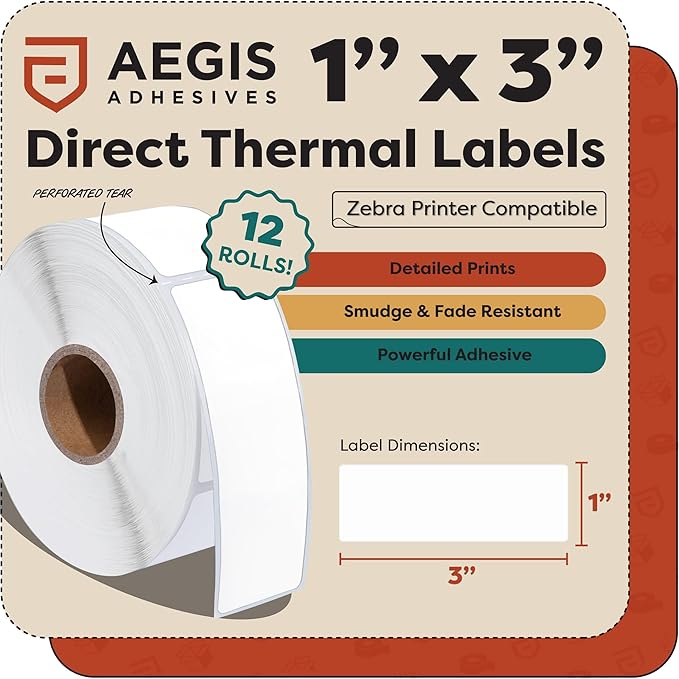 Aegis Adhesives - 1" X 3" Direct Thermal Labels (6000 Count, 12 Rolls) - Barcode Stickers for Inventory, SKU Labels, and Shelf Identification - Compatible with Zebra Printers, NOT Rollo Compatible