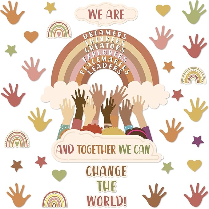 Lonfliness One World Together Classroom Decorations Boho Positive Rainbow Cutouts Motivational Bulletin Board Set Inspirational Classroom Wall Chalkboard Door Decor for Back to School Teacher Supplies