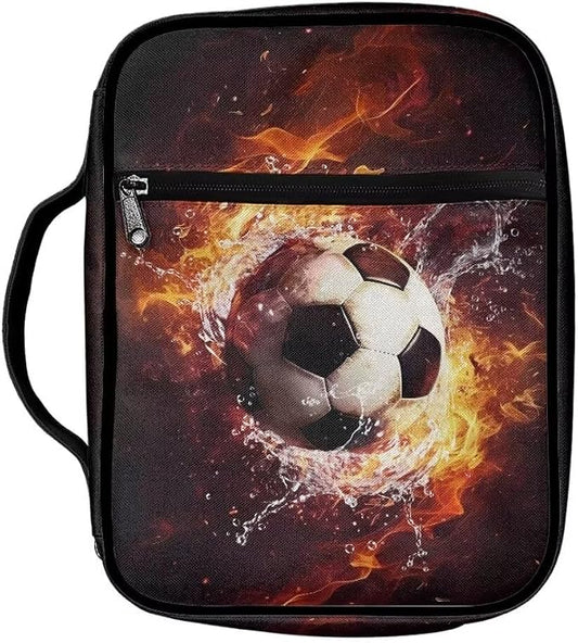 Coldinair Fire Soccer Large Bible Cover with Handle and Bookmark Bible Carrying Book Case for Kids Teen Nylon Church Bag Bible Protective for Men,Flame Water Standard Large Size Bible Covers
