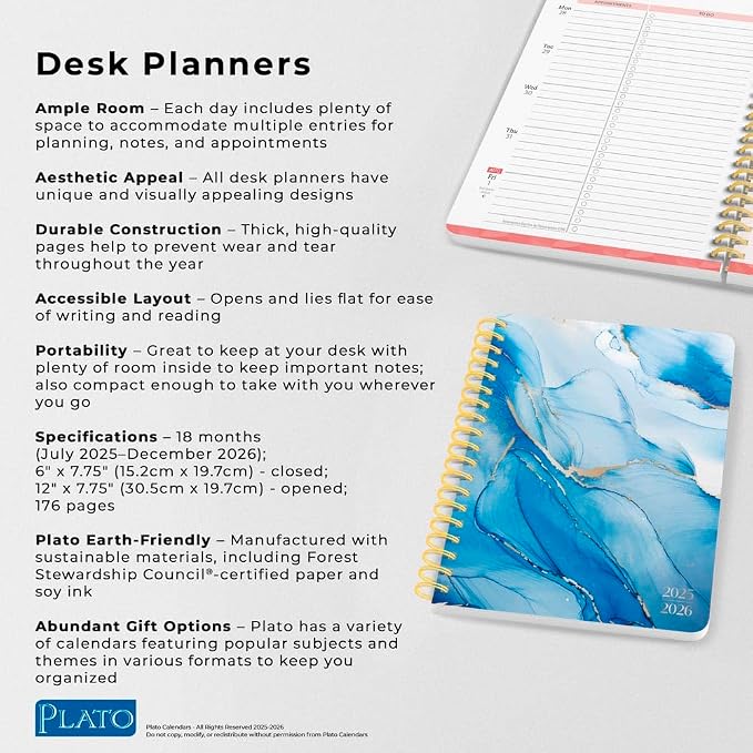 Crackled Blush | 2026 6 x 7.75 Inch 18 Months Weekly Desk Planner | Foil Stamped Cover | July 2025 - December 2026 | Plato | Planning Stationery