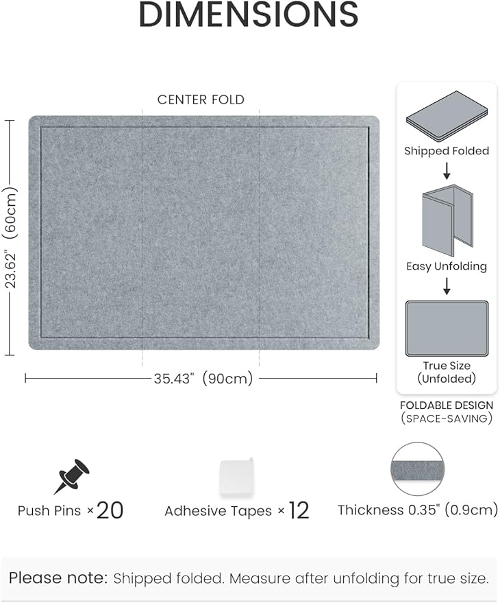 Fluxynara Bulletin Board,35.4" x 23.6" Cork Board Alternative with 12 Safe Removable Adhesive Tabs, Foldable Felt Pin Board for Home Office, Classroom, Bedroom,Entryway for Walls— Blue Gray
