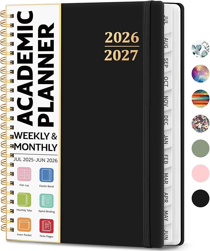 Academic Planner 2026-2027, Weekly and Monthly Calendar Planner Book, July 2026 – June 2027, Hardcover Organizer with Tabs, Perfect for Teachers, Students, Women & Men, A5 (6.4" x 8.5") - Black