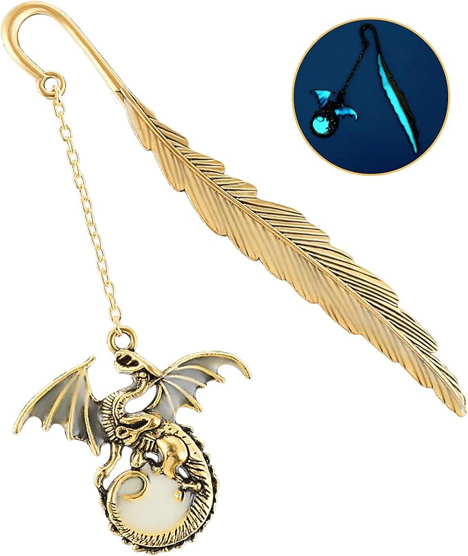 Jeffdad Feather Dragon Bookmark - Glow in The Dark Fantasy Bookmark Gifts for Women & Men (Gold Dragon)