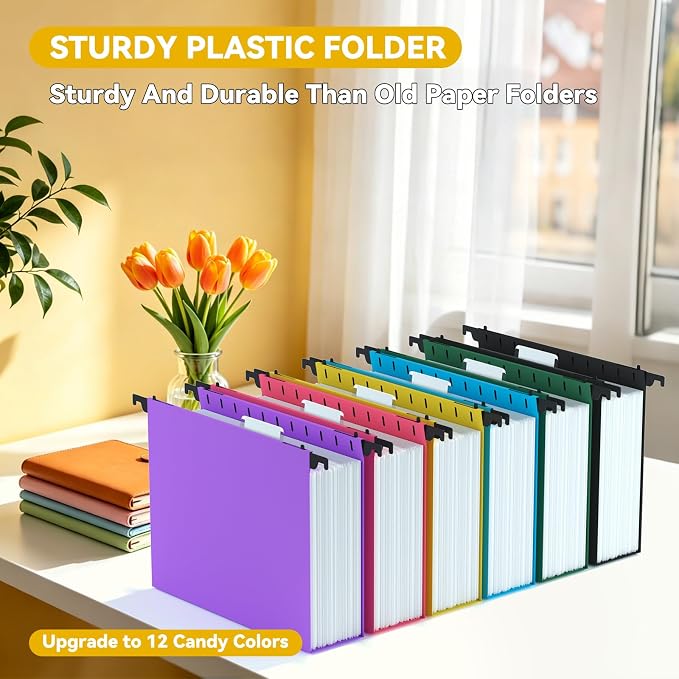 Plastic High Capacity Hanging File Folders,12 Pack Heavy Duty 2.5" Expanding Wide Hang Folder Letter Size,Colored Office File Cabinet Folder with Tab,Sturdy Hanging Organizer for Bulky File