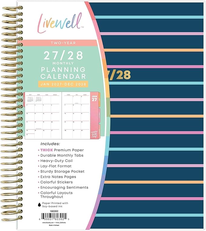 Blue Sky Livewell 24-Month 2027 Monthly Planner Calendar, January 2027 - December 2028, 7" x 9", Flexible Cover, Durable Twin Wire Binding, Colorful Pages, Storage Pocket, Includes Stickers, Lindana
