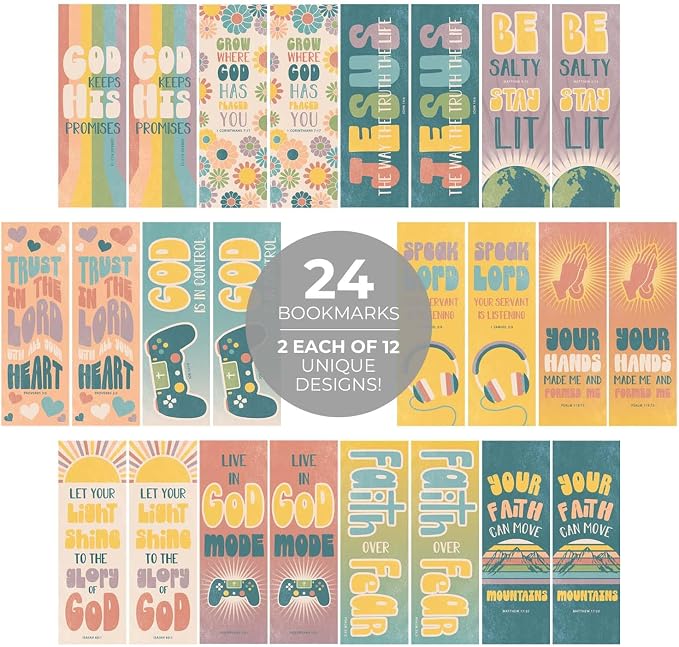 Religious Teen Bookmarks / 24 Uplifting Faith Bookmark Set / 2" x 6" Retro Christian Motivational Bible Verse Page Saver Quotemark Cards / 12 Encouraging Designs/Made in The USA