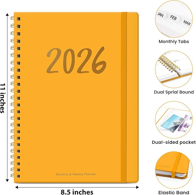 2026 Planner - Weekly and Monthly Planner, January 2026 to December 2026, Spiral Bound 2026 Calendar Planner Book, Inner Pocket, Perfect for Office Home School Supplies - A4 (8.5" x 11"), Yellow