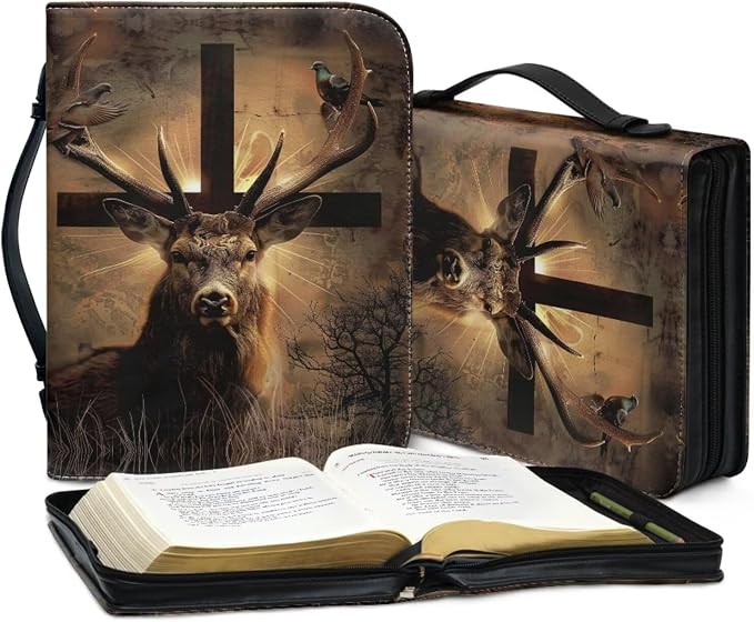 Leather Bible Cover for Men/Large Bible Case/Book Carrying Case with Pen Slot-Church Bag for Lady,Deer and Cross,X-Large