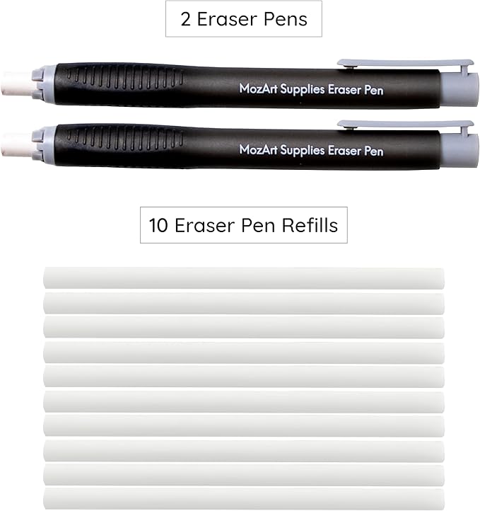 MozArt Supplies 2 Eraser Pen with 10 Jumbo Eraser Pen Refills Set, Easy to Use for Mechanical Pencil - For Sketch, Architecture, Drafting, Art, Drawing Supplies