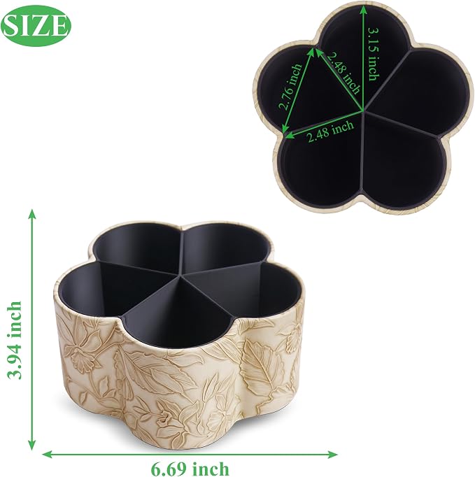 Flower Shaped Leather Art Supply Organizer,Remote Control Holder,360 Degree Spinning,Multi-Functional Pencil Holder,5 Compartments Desktop Stationary Organizer(1-Flower Apricot)