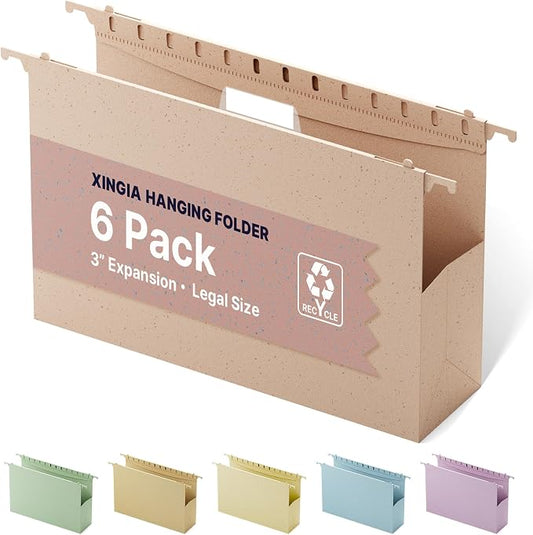 XINGIA Legal Size Hanging File Folders,Extra Capacity 3 Inch Expandable File Folders Hanging with Tabs,6 Pack Plastic Legal Hanging Folders for Filling Cabinets - Insertable 1/5-Cut Tabs