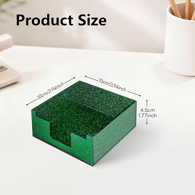 Green Sparkling Sticky Note Holder, Glitter Acrylic Organizer, 3.94 x 3.94 in Multi-Use Tray for Office, School & Home Desk