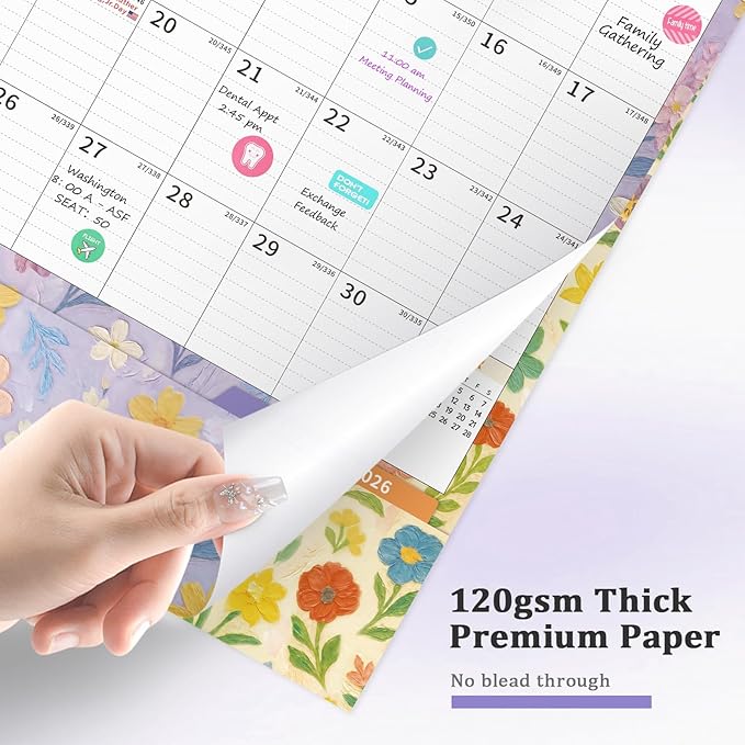 Ospelelf Wall Calendar 2026-2027 with Storage Pocket, 17" X 12" Monthly Large Planner Pad with Protective Cover and Stickers, for Family Fridge Office Teacher Student, January 2026 to June 2027 Artistic Floral