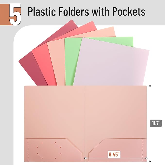 Mr. Pen- Plastic Folders with Pockets, 5 pcs, Aesthetic File Folder with Business Card Slot, 2-Pocket Folder, Back to School, Office, Filing Supplies