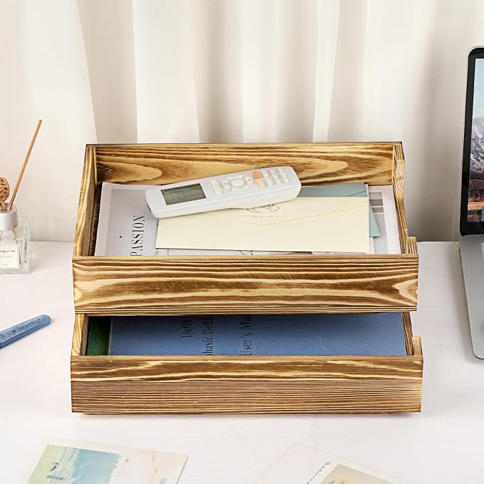 BTSKY Wood Letter Tray Front-Load Document Organizer for Office Desktop Organizer - Desk Magazine, File Folder, Paper Holder - Stackable Paper Document File Tray, 2 Pack