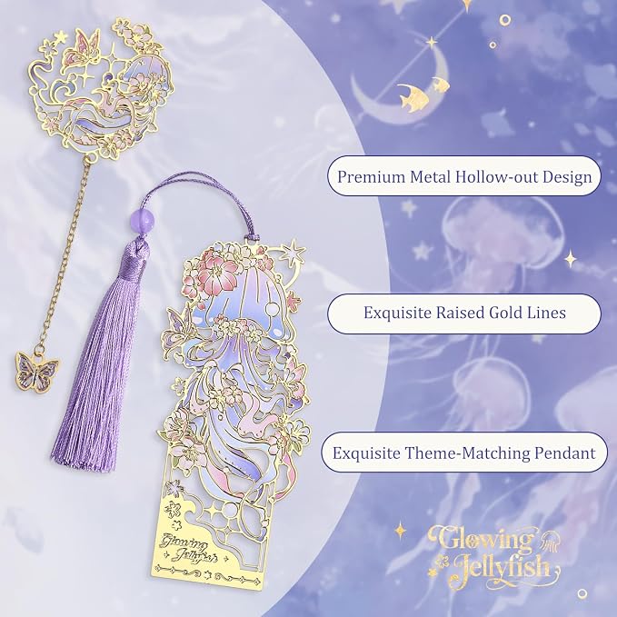 2 Pcs Metal Bookmark Gift Box, Golden Hollow Bookmarks Ocean Painting Theme Book Mark for Women, Book Lovers Writers Readers and Teens, Perfect for Birthday and Graduation Gifts(Purple)