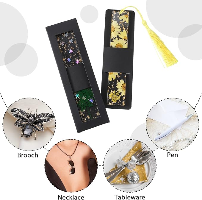 Roowest 50 Set Kraft Bookmark Boxes Sleeves Resin Bookmark Holder 5.9 x 1.8'' Cardboard Gift Boxes DIY Blank Display Cards for Wrapping Gift Supplies(Black)