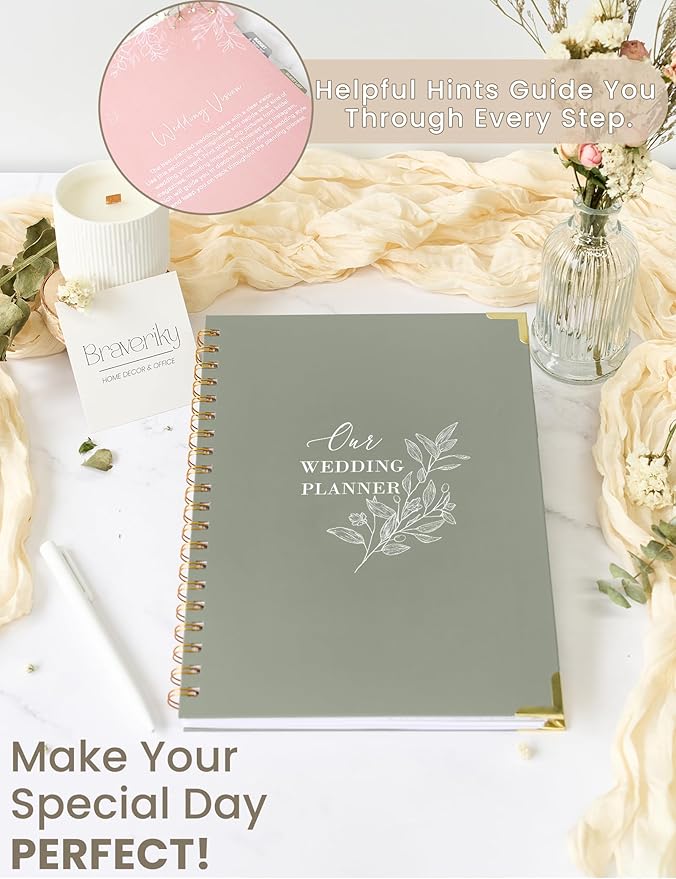 Minimalist Wedding Planner Book and Organizer, Bridal Wedding Planning Binder with Tabs, Pockets, Checklists, Calendars, Engagement Gift for Newly Engaged Couples, 8x10.8"