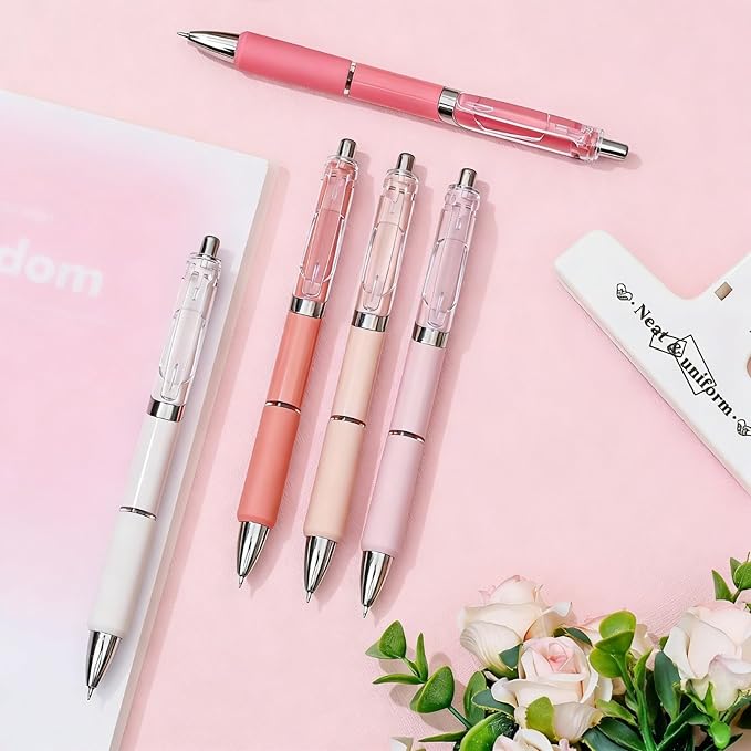 Temiary 5 Pcs Retractable Gel Pens, 0.5 mm Black Ink Fine Point Quick Dry Gel Ink Pen, Aesthetic Smooth Writing for School Office Journaling Note Taking and Sketching (Pink)