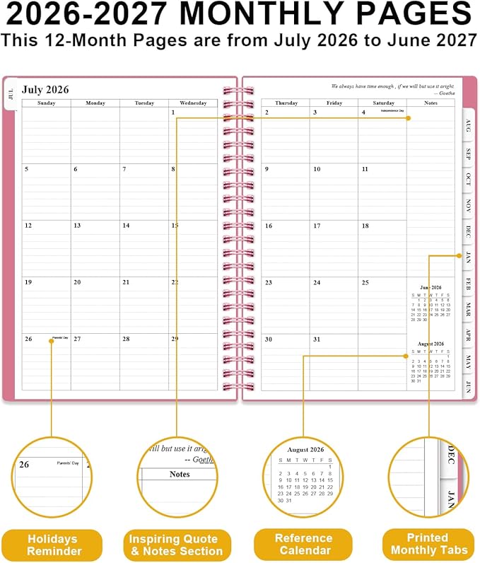 Academic Planner 2026-2027 - Weekly & Monthly Planner from July 2026 to June 2027, Agenda 2026 2027 with Inner Pocket, Elastic Band, 6.4" x 8.5", Pink
