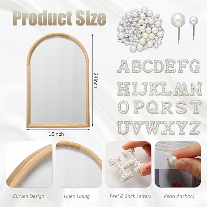 Arch Bulletin Board with Pin Linen Wedding Display Framed Decorative 24x16 Hanging Wood Vision Cork Board for Office Wall School Home Decor, 70 Pearl Studs, 26 Letter Stickers(Natural)