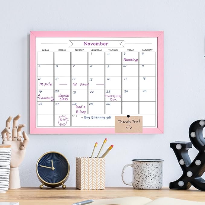 TORASO Dry Erase Monthly Calendar Board, Magnetic Whiteboard for Wall, Office/School/Home, Solid Wood Pink Frame Hanging Board 13"x 17"(YL-Pink-3343-B)