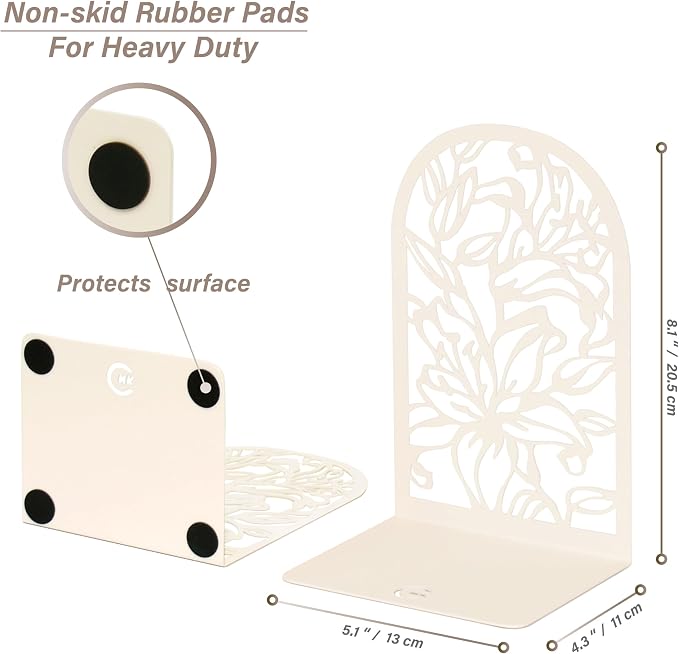 CNK Premium BookEnds - Metal Book Stoppers for Heavy Books, Home Office, Decorative Lily Flower White