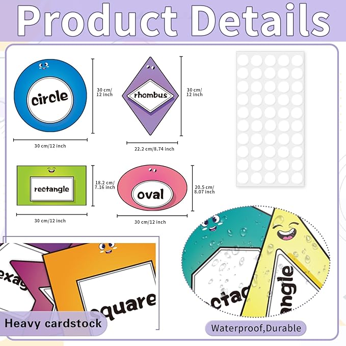 10 Pcs Shapes Bulletin Board Set, Educational Boarders Posters, Shapes for Classroom Wall Decor with 50 Adhesive Dots, Waterproof Cutouts for Toddlers Preschool Kindergarten Learning