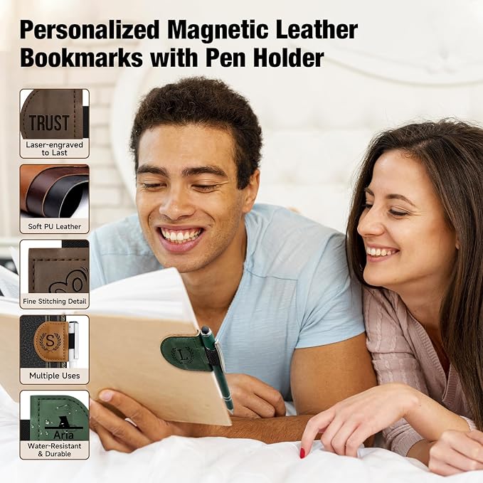 Personalized Magnetic Leather Pen Holder Bookmark – Custom Engraved Initial Letter Bookmarks Clip, Customized Gifts for Book Lovers Readers Women (Pen Holder Bookmark)