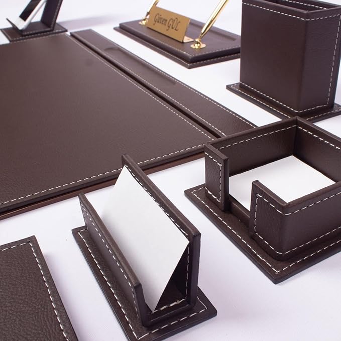 Leather Desk Organizer - 14 PCS Bonded Leather Desk Set - Home & Office Accessories - Brown