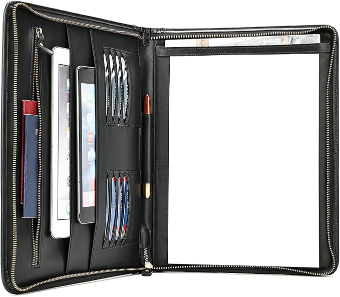 Genuine Leather Portfolio for Men Women Zipper Business Resume Padfolio Organizer Binder A4 Meeting Folder 13 inch black