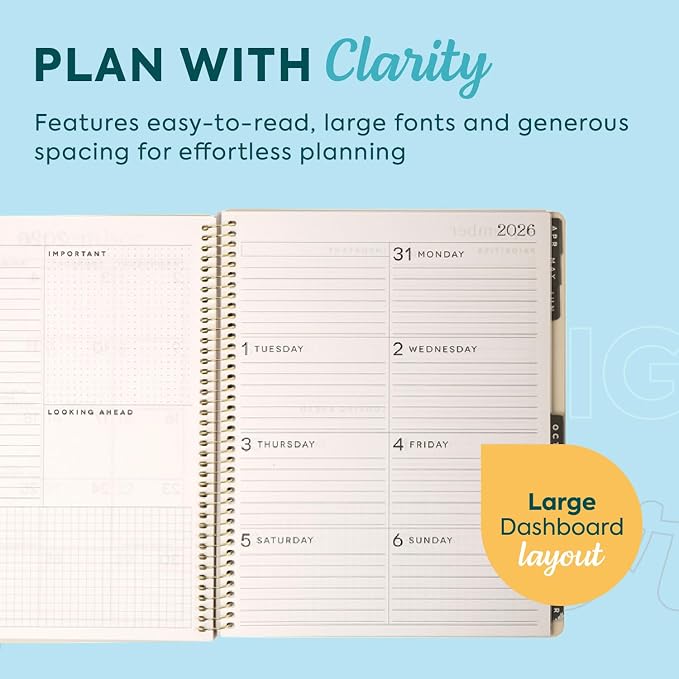 GO BIG Large-Print Planner April 2026–June 2027, 15-Month Twin-Loop-Bound Agenda Planner, Big Size, 8.5" x 11", Easy-to-Read Large Dashboard Layout, Neutral Tile Cover