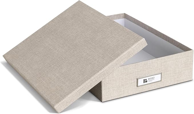 Bigso Oskar Fiberboard Label Frame Document Letter Box for Important Paperwork A4 or Letter Size - Durable Keepsake Box with Lid and Metal Label Holder - 3.3in x 10.2in x 13.8in - Melange Beige