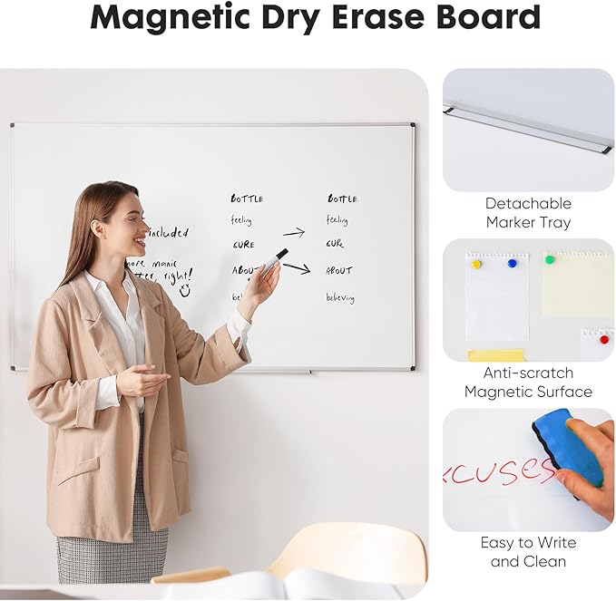 Magnetic Dry Erase Board & Whiteboard, 35.8 X 24 Inches, Silver Aluminum Frame, Comes with 1 Dry Eraser, 2 Dry Erase Markers 1 Pen Tray & 4 Push Pin Magnets