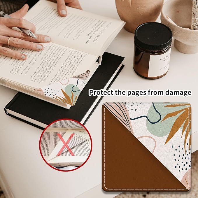 Cute Leather Bookmarks, Fun Triangle Making Corner Bookmark, Book Accessories for Reading Book Lovers, Unbreakable Page Markers for Women Men Boho Leaf